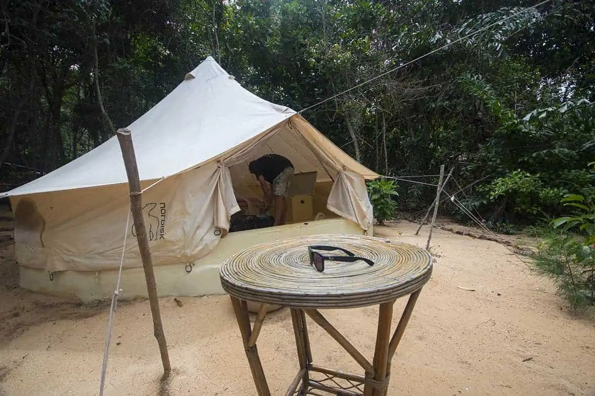 the outside view of our glamping tent at sleeping trees in koh rong samloem
