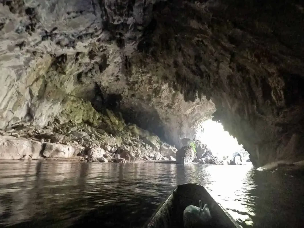 exiting kong lor cave back into the bright light in laos