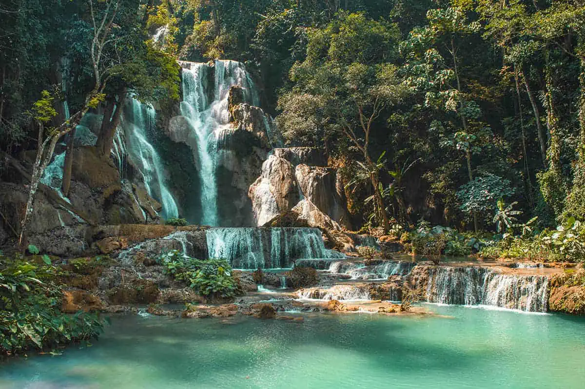 A hidden waterfall called kuang si falls nestled within a lush jungle