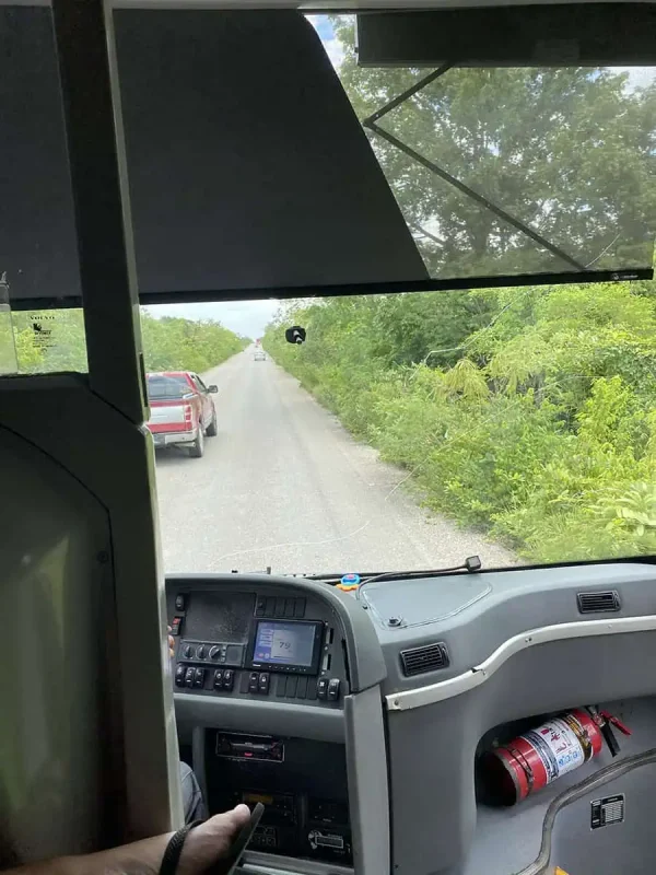 Mexico And Belize Itinerary: From 2 to 5 Weeks 12 View from inside a bus traveling on a rural road flanked by lush green vegetation. The bus dashboard is visible, and a red car can be seen ahead on the road, highlighting the journey through Mexico and Belize.