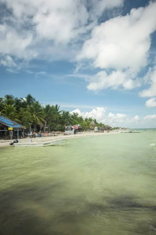 Crystal-clear turquoise waters edge a vibrant tropical beach at Isla Holbox. The shore is lined with palm trees and casual beachfront eateries under a bright blue sky with fluffy clouds. A few boats are moored in the shallow water, adding to the serene tropical atmosphere.