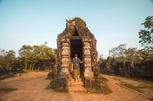 climbing a temple at my son sanctuary hoi an vietnam
