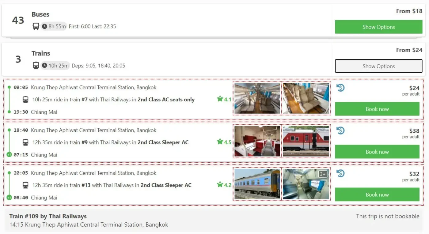Screenshot displaying various train options on the 12Go Asia website for the sleeper train journey from Bangkok to Chiang Mai.