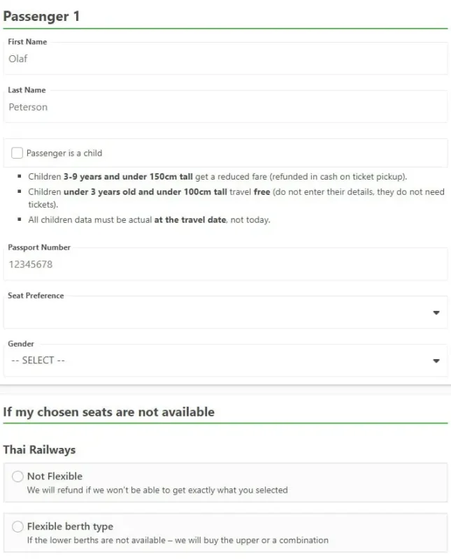 Online booking form on 12Go Asia for securing tickets for the Bangkok to Chiang Mai sleeper train, showing passenger details.