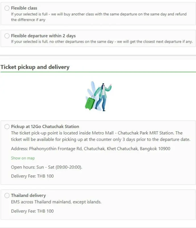 Choosing ticket pick-up location for the Bangkok to Chiang Mai sleeper train on 12Go Asia's booking platform.