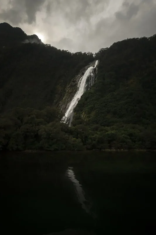 A powerful bowen waterfall streams down a steep, forested mountain slope, surrounded by dense greenery. The sky is overcast, adding a moody atmosphere to the scene, typical of Milford Sound’s frequent rains.