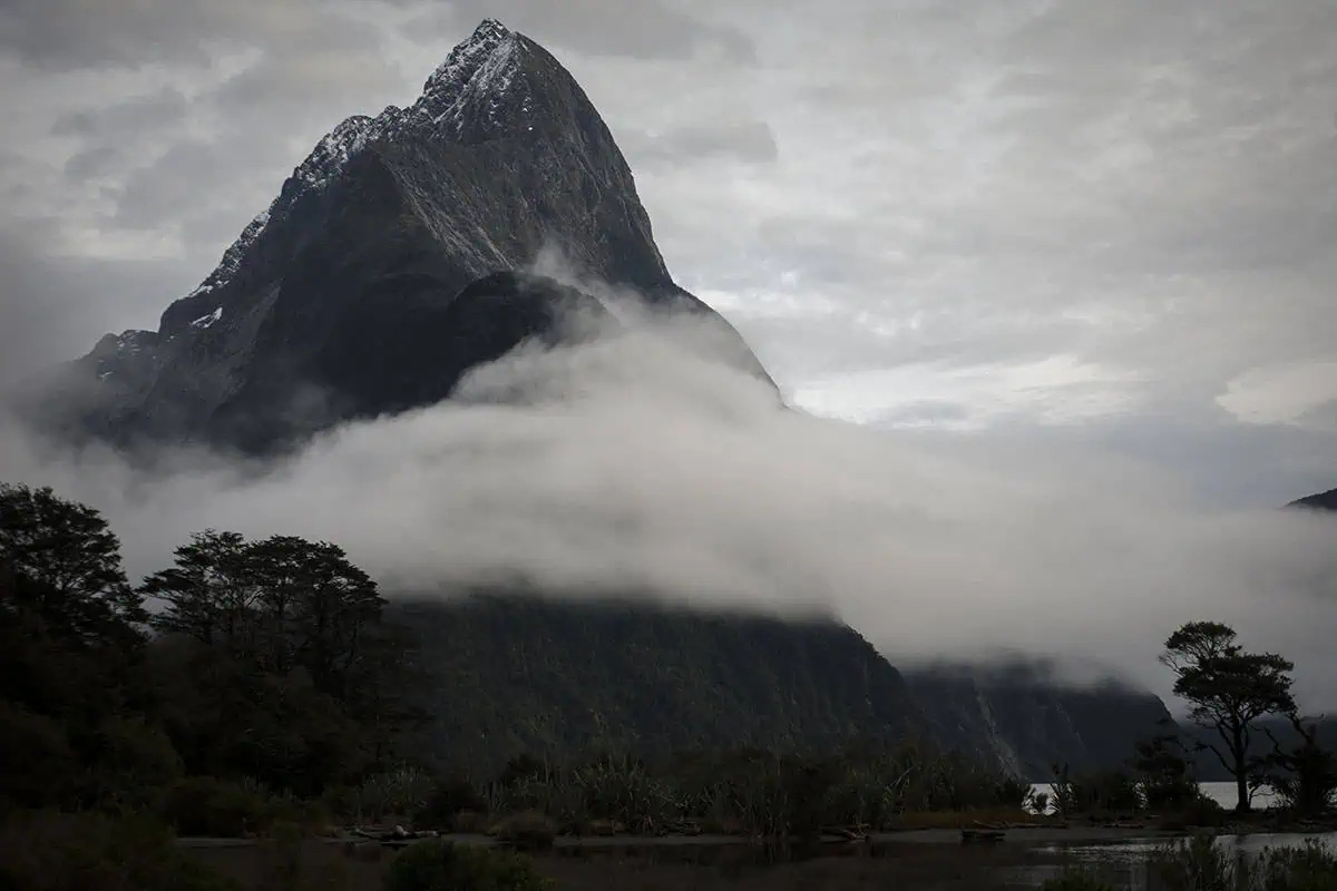 The towering, snow-capped Mitre Peak rises above a layer of low-hanging clouds in Milford Sound. The dark, rugged mountain contrasts sharply with the soft, white clouds that envelop its base, showcasing the dramatic landscape often seen during the rain in Milford Sound.