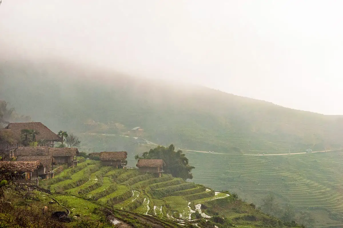 fancy resort overlooking rice fields while trekking in sapa during february vietnam