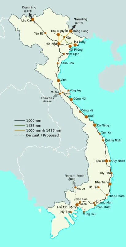 Map of the Vietnam train network highlighting key routes and stations for travelers