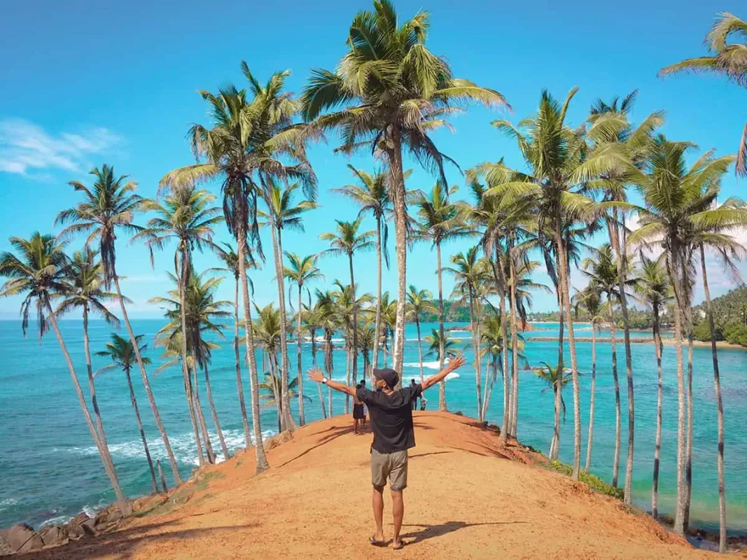 A backpacker standing on a dirt road with palm trees in the background, surrounded by the beauty of a backpacker-friendly country of sri lanka