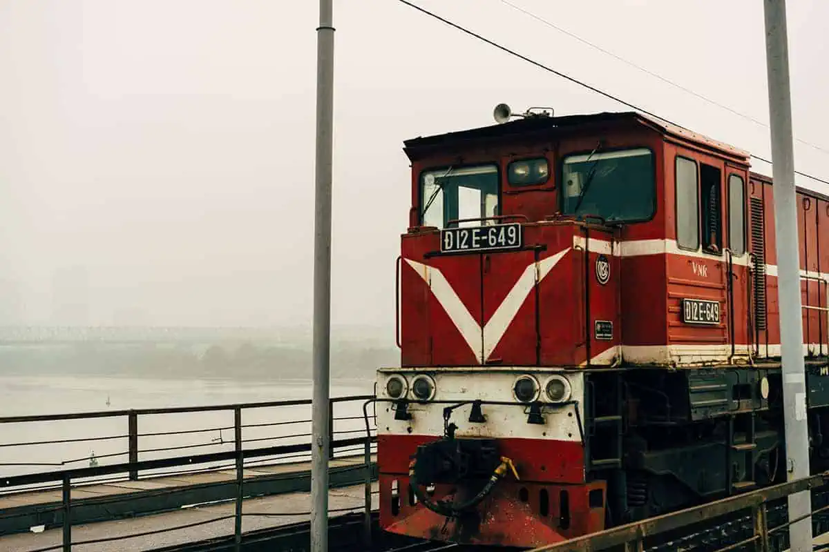 Close-up of the classic red locomotive in vietnam