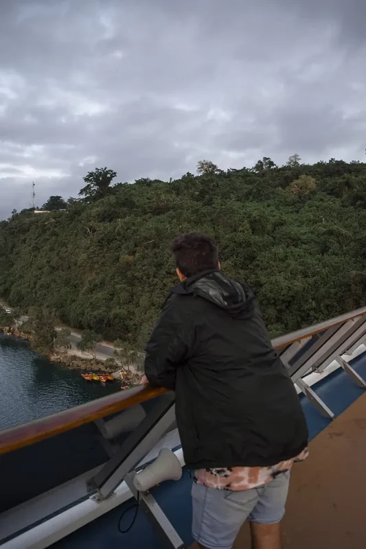 waiting on the front of the ship while at port in vila vanuatu