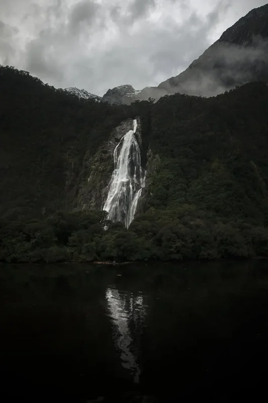 lady bowen waterfall spills down the forested cliff into dark waters in Milford Sound.