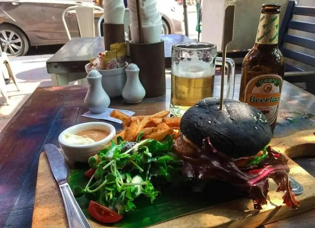 charcoal burger and fries from indigo cafe in luang prabang
