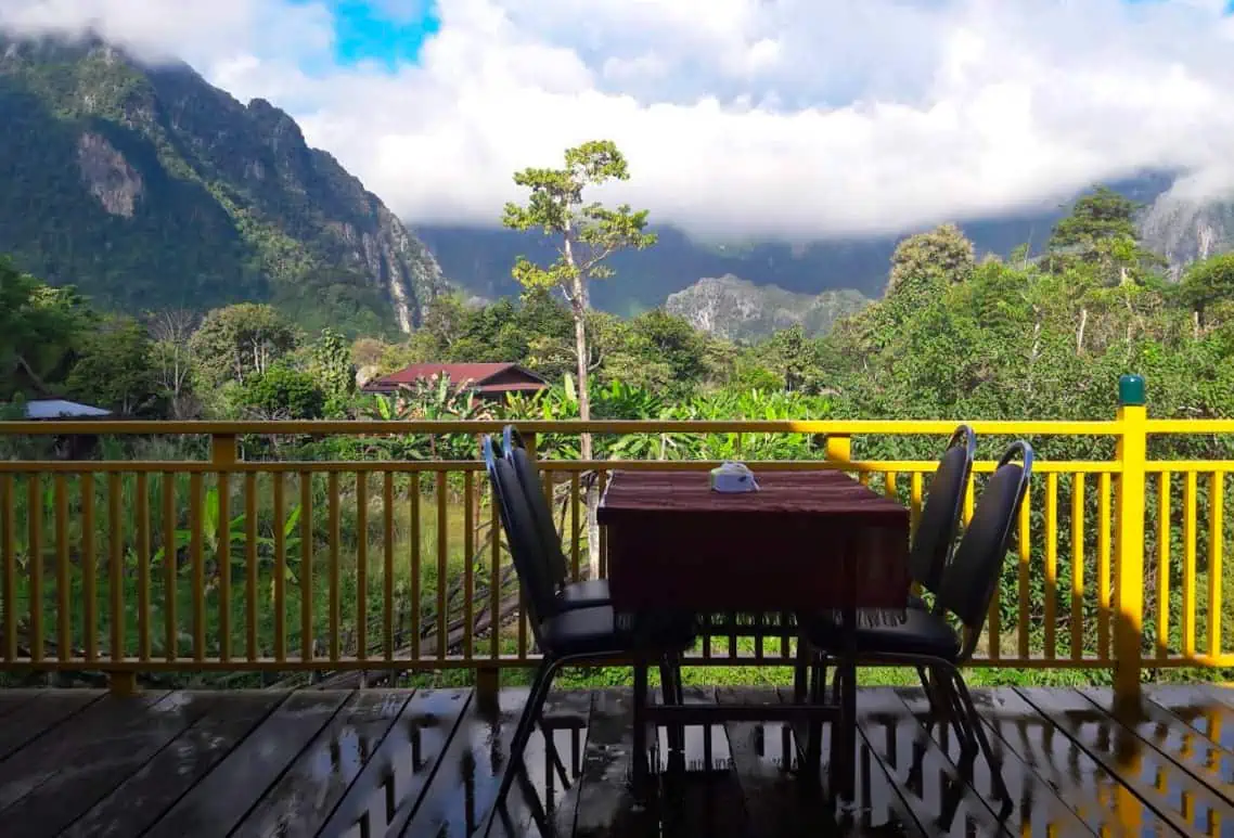 incredible views out to the limestone mountains from green restaurant in vang vieng
