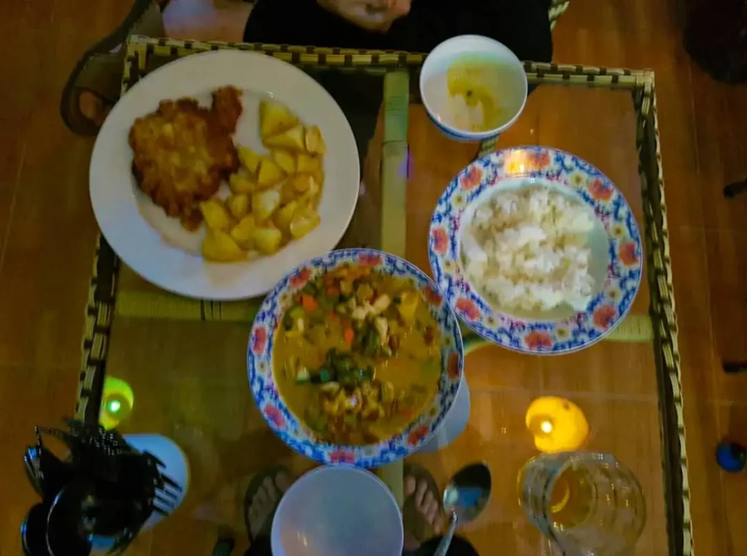 complete opposite meals of curry and schnitzel from viman vang vieng thai-german restaurant